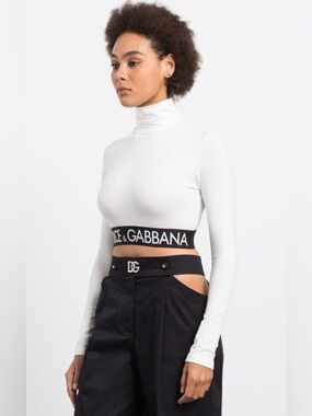 Dolce & Gabbana White Long-Sleeve Turtleneck Crop Top with Logo Band
